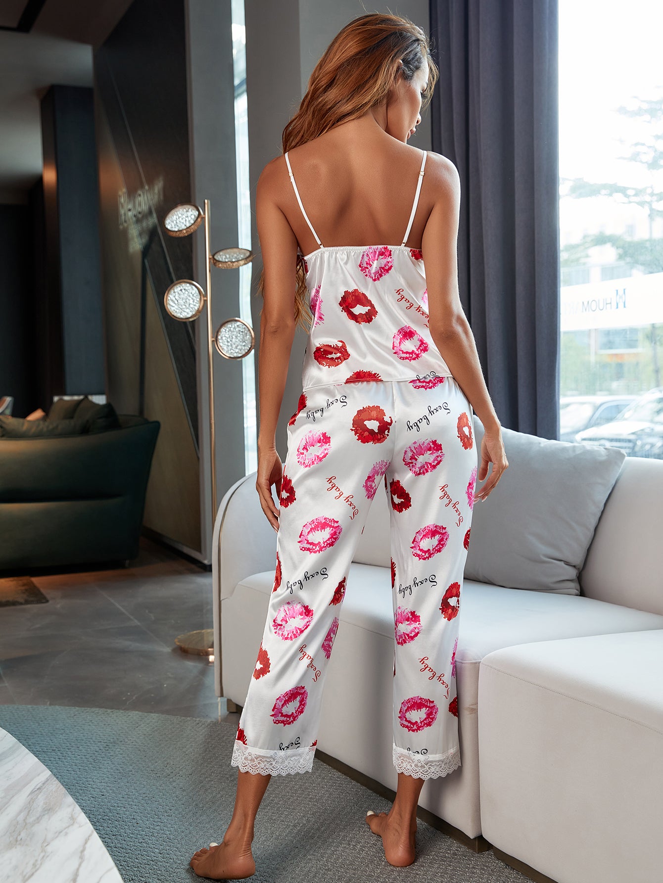 Sexy Striped Satin Artificial Silk Pajamas Set