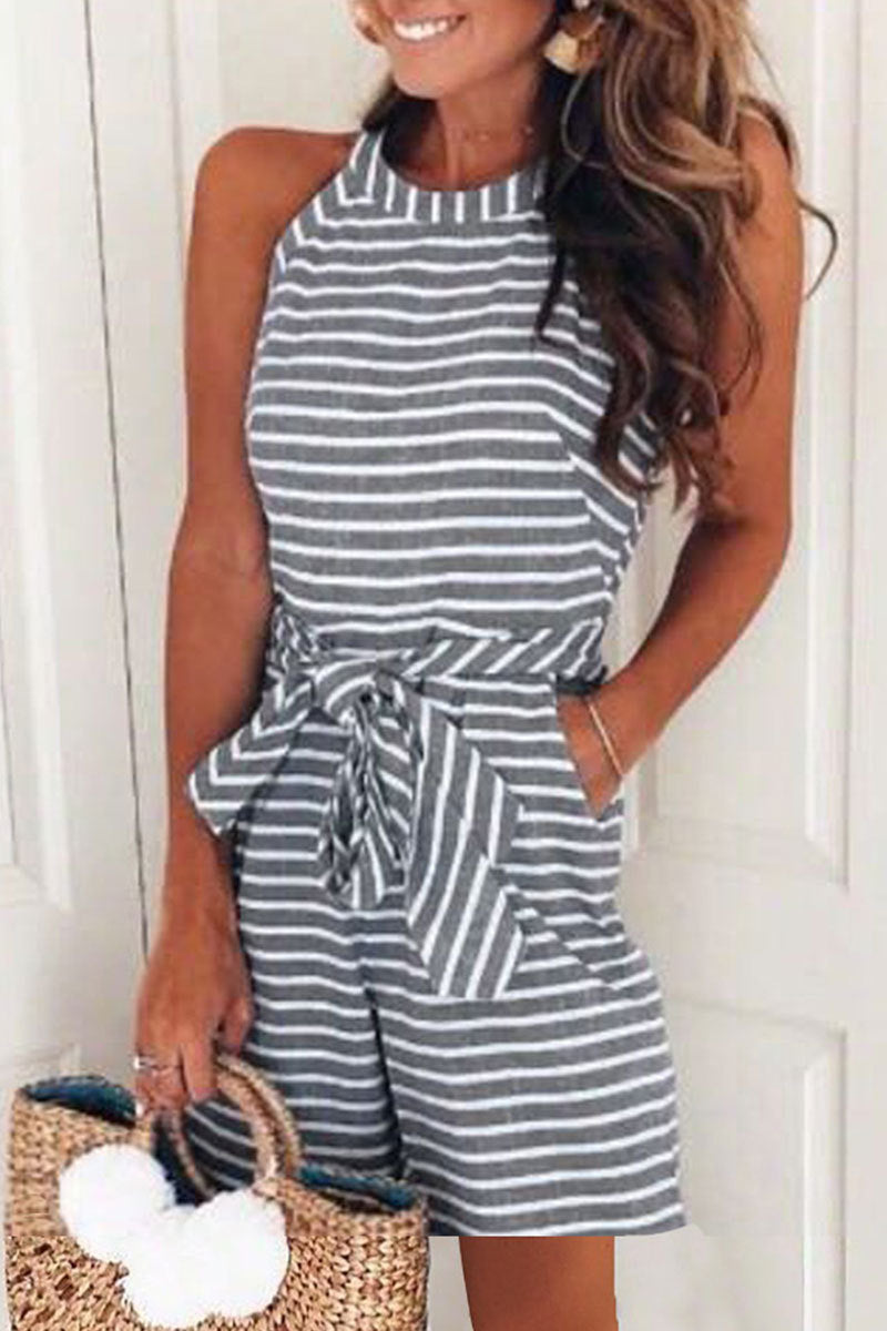 Striped Strapless Round Neck Zipper Casual Romper