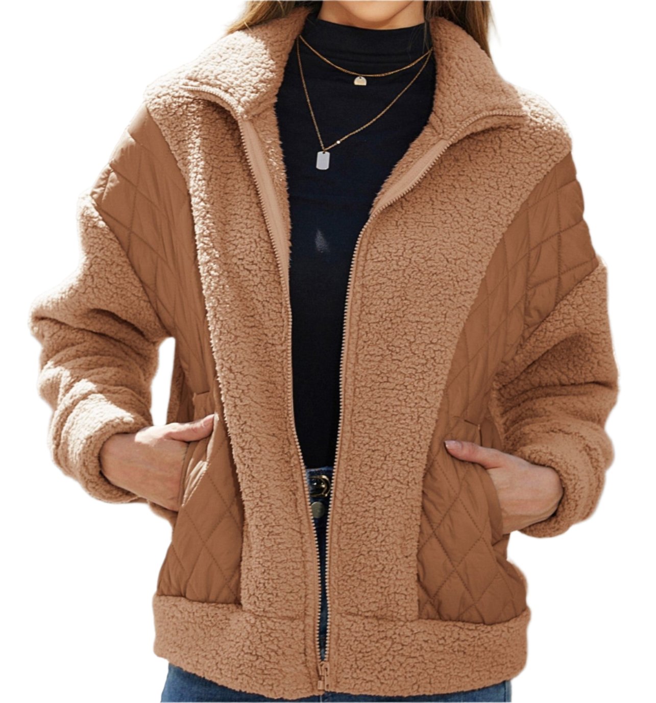 Autumn Winter Long Sleeve Zipper Plush Stitching Coat