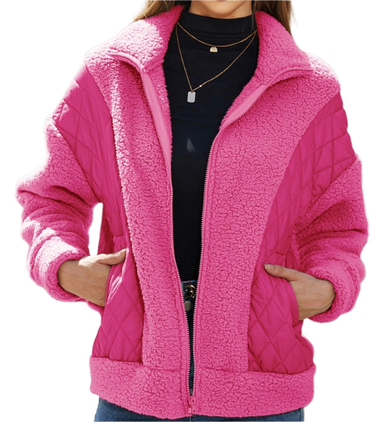 Autumn Winter Long Sleeve Zipper Plush Stitching Coat