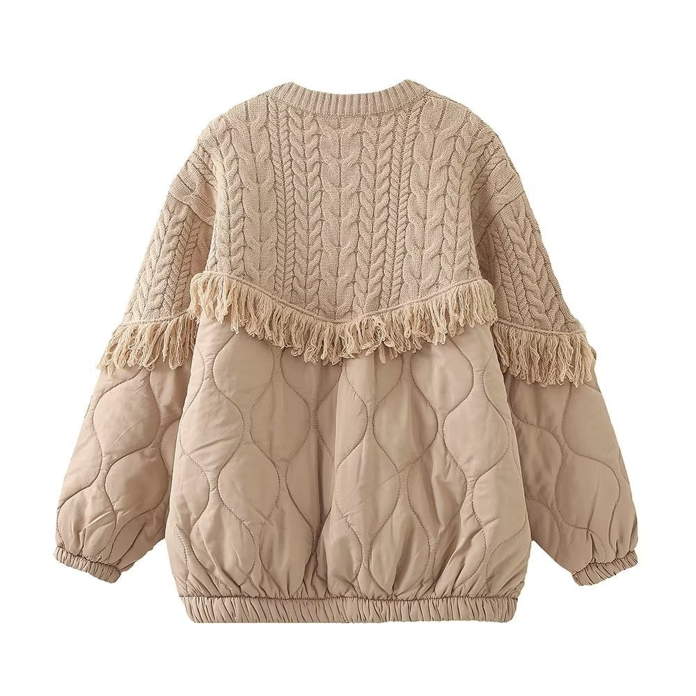 Tassel Decorative Knitted Patchwork Cotton Padded Jacket Coat