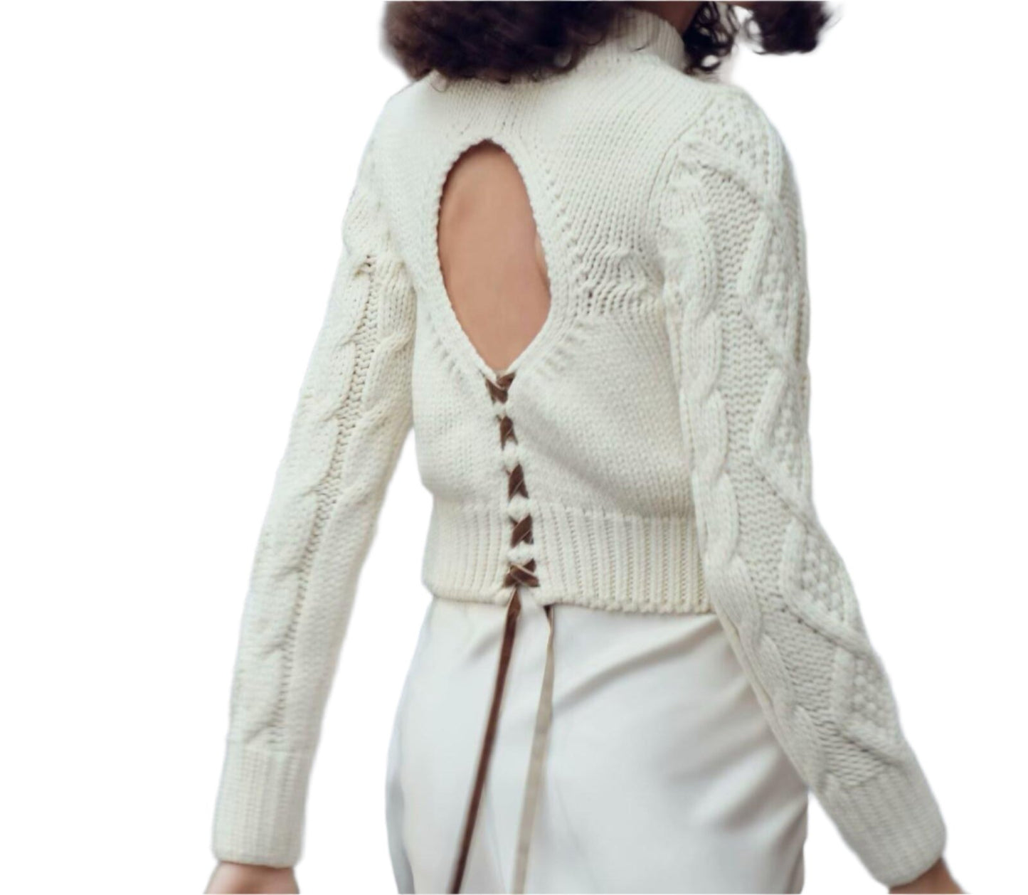 Back Opening Design Eight Strand Knitted Sweater