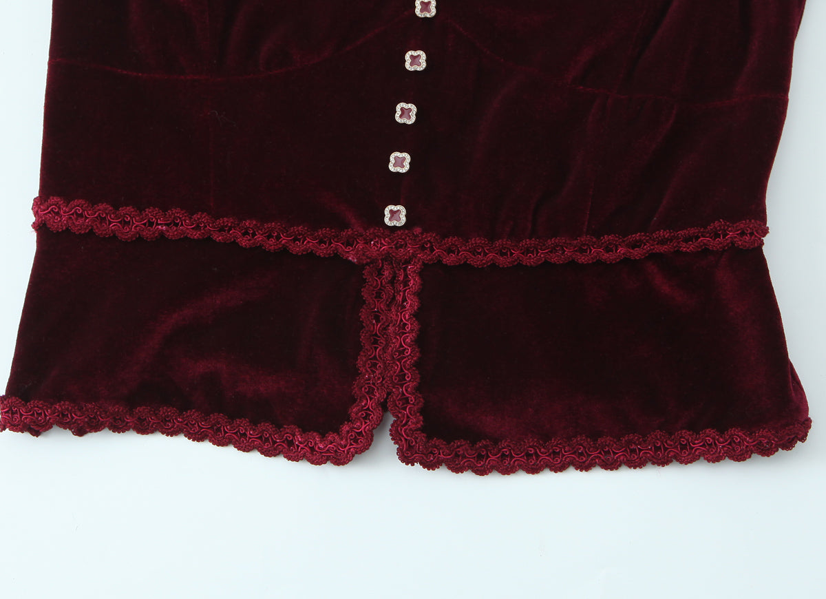 Retro V-neck Lace Slim Fit Velvet Top
