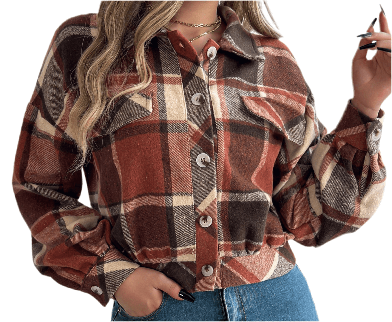 Plaid faux pocket long sleeve woolen jacket coat in rust and brown with button closure, perfect for casual spring or fall wear.