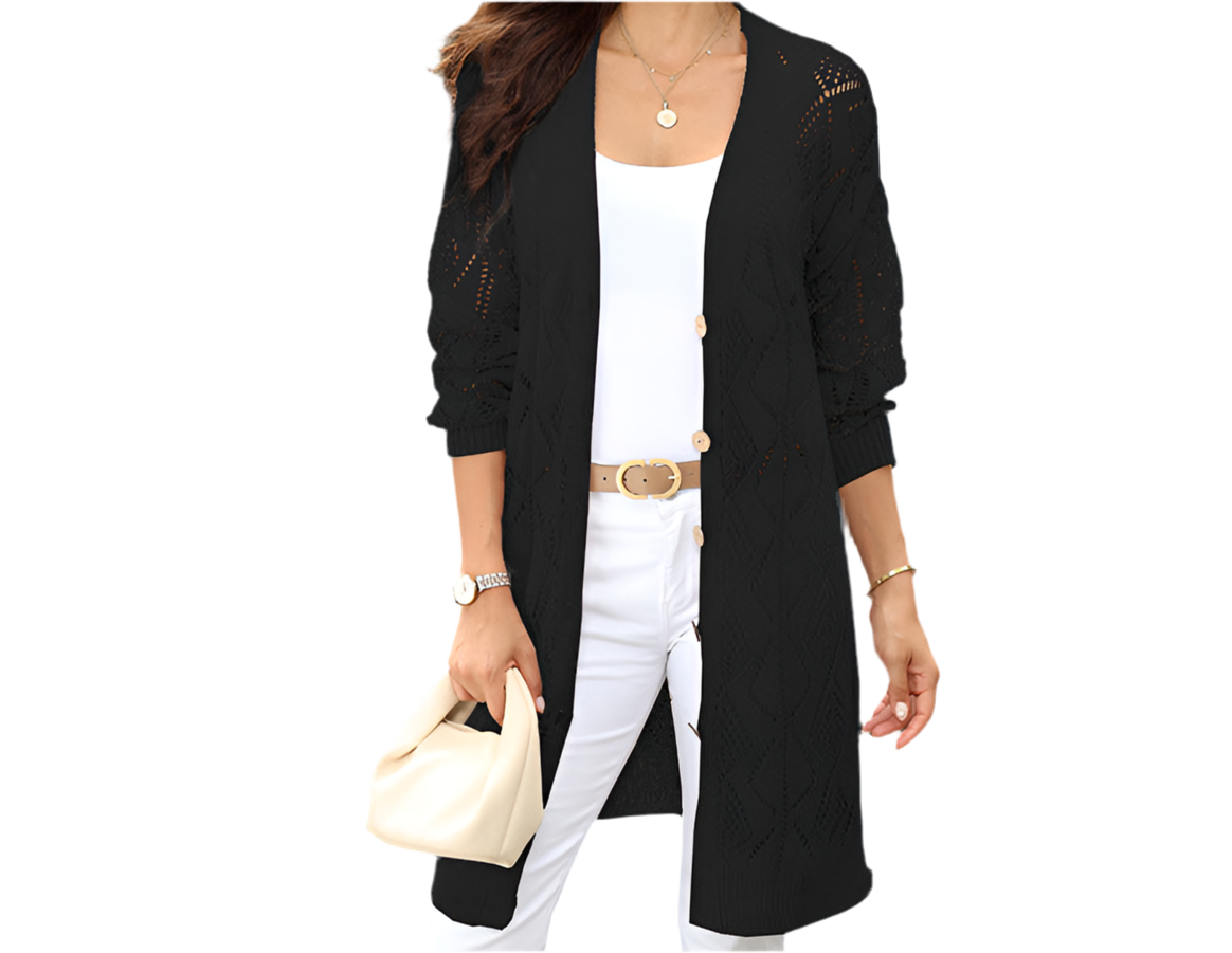 Long Sleeved Button Hollow Cutout Long Cardigan