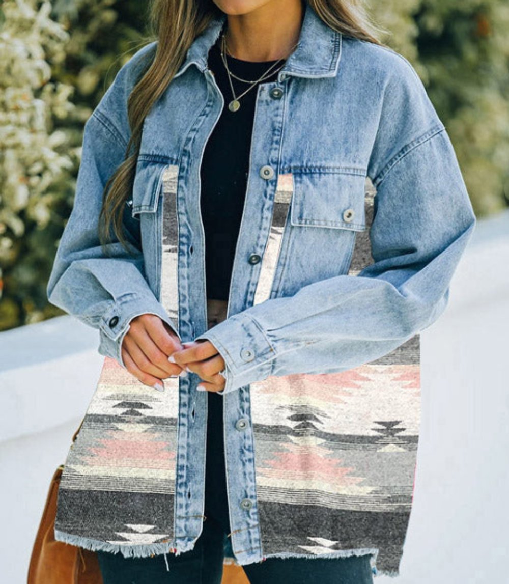 Aztec Collared Pocket Denim Patchwork Wool Coat Jacket