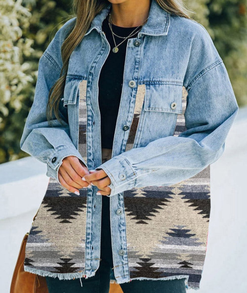 Aztec Collared Pocket Denim Patchwork Wool Coat Jacket