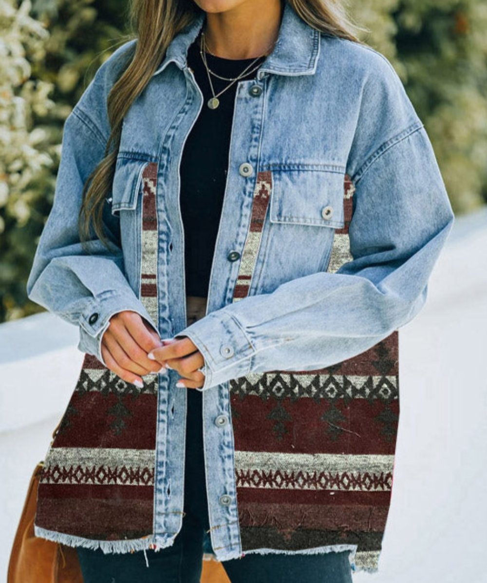 Aztec Collared Pocket Denim Patchwork Wool Coat Jacket