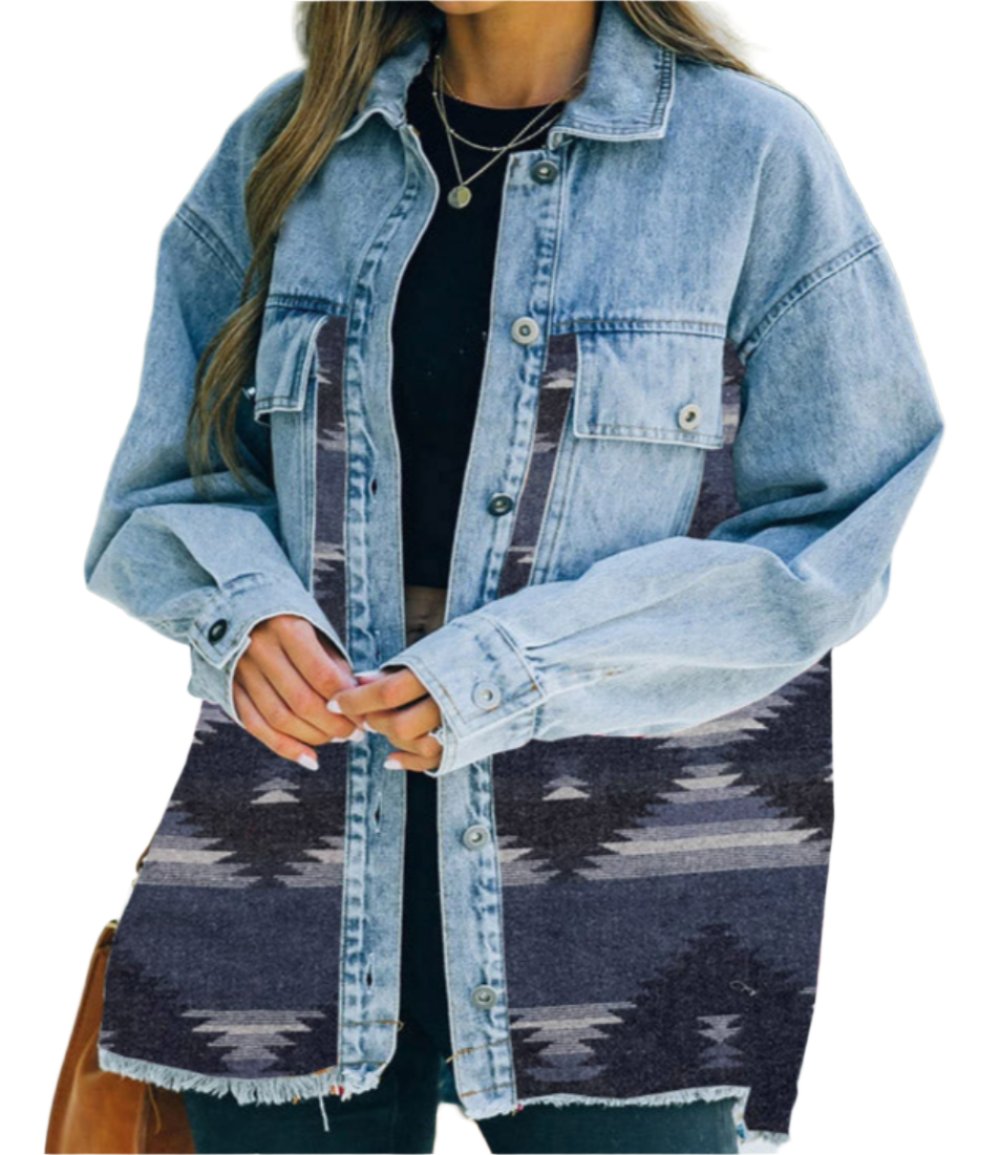 Aztec Collared Pocket Denim Patchwork Wool Coat Jacket