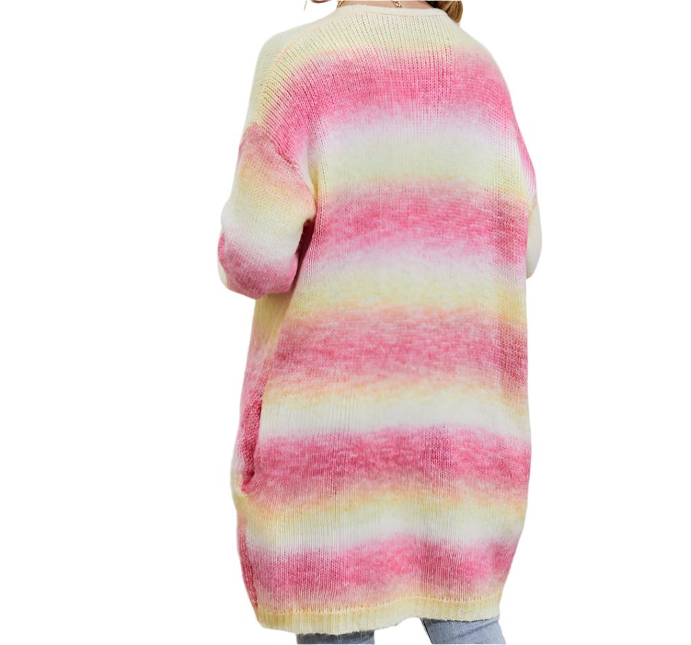 Rainbow Pocket Knitted Tie-Dyed Mid-Length Cardigan
