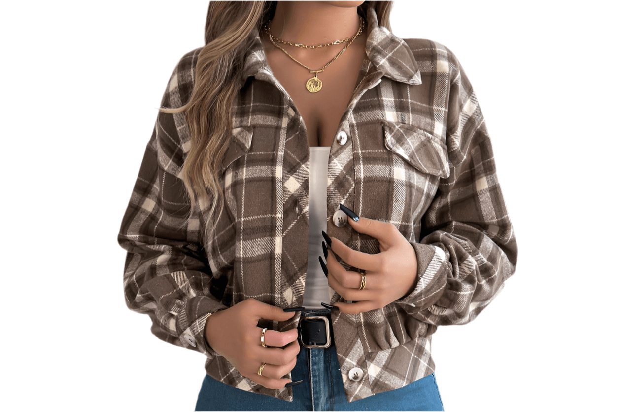 Casual plaid faux pocket woolen shacket coat featuring a loose fit, short length, and single-breasted closure, perfect for spring/fall.