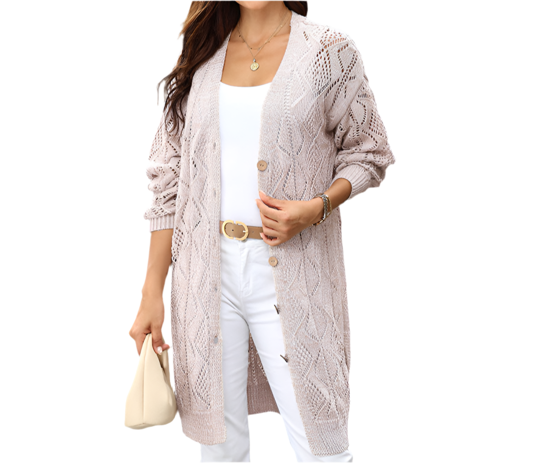 Long Sleeved Button Hollow Cutout Long Cardigan