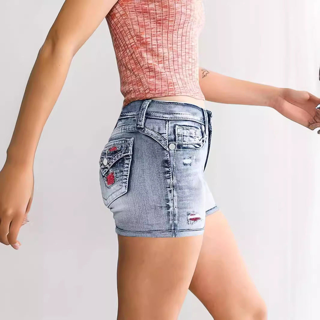 Embroidered Washed Denim Shorts