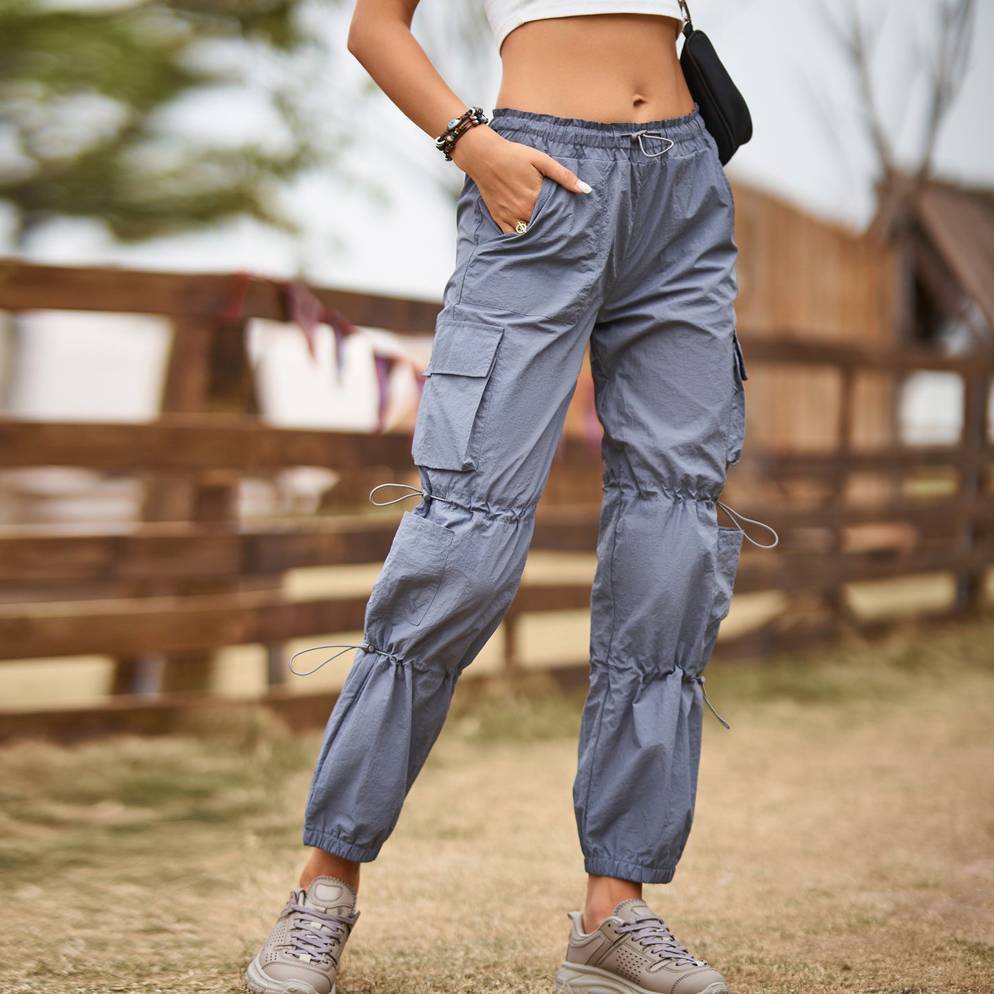 Multi Pocket Ankle Tied Lace Up Adjustable Straight Cargo Pants