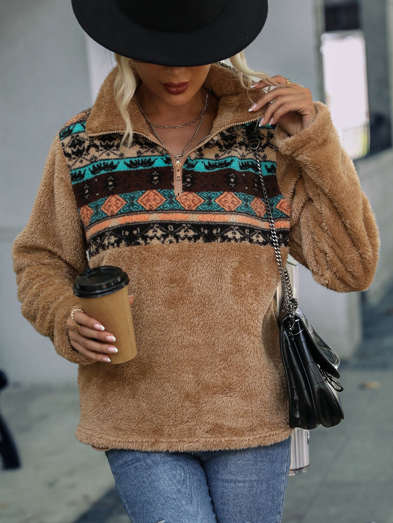 Plush Multicolor Geometric Abstract Printed Fleece Sweatshirt