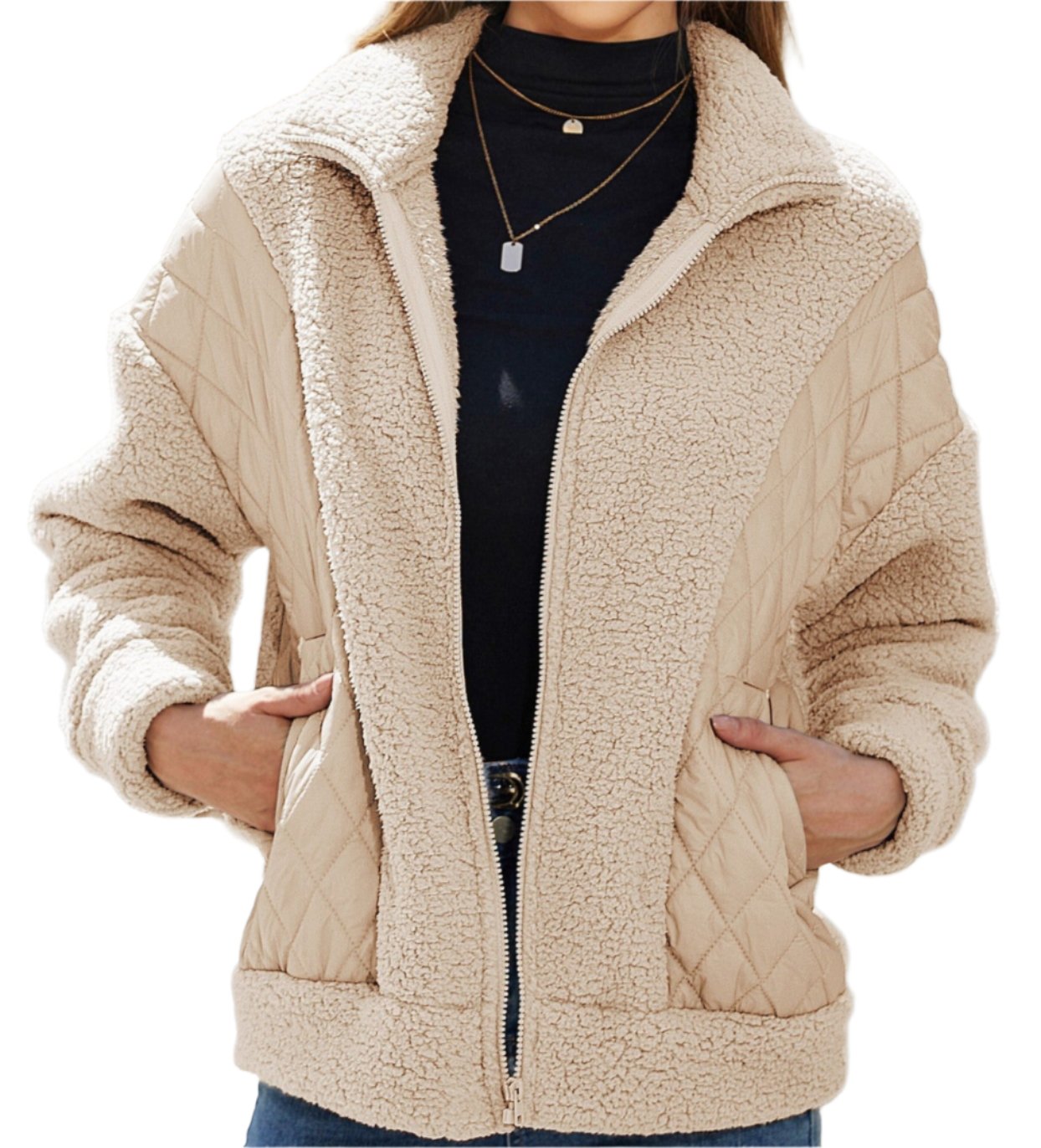 Autumn Winter Long Sleeve Zipper Plush Stitching Coat