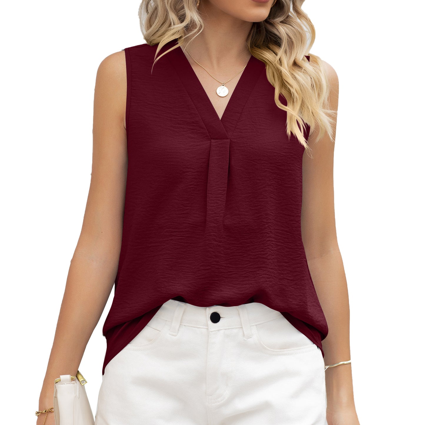 Solid Color V-neck Loose Chiffon Top