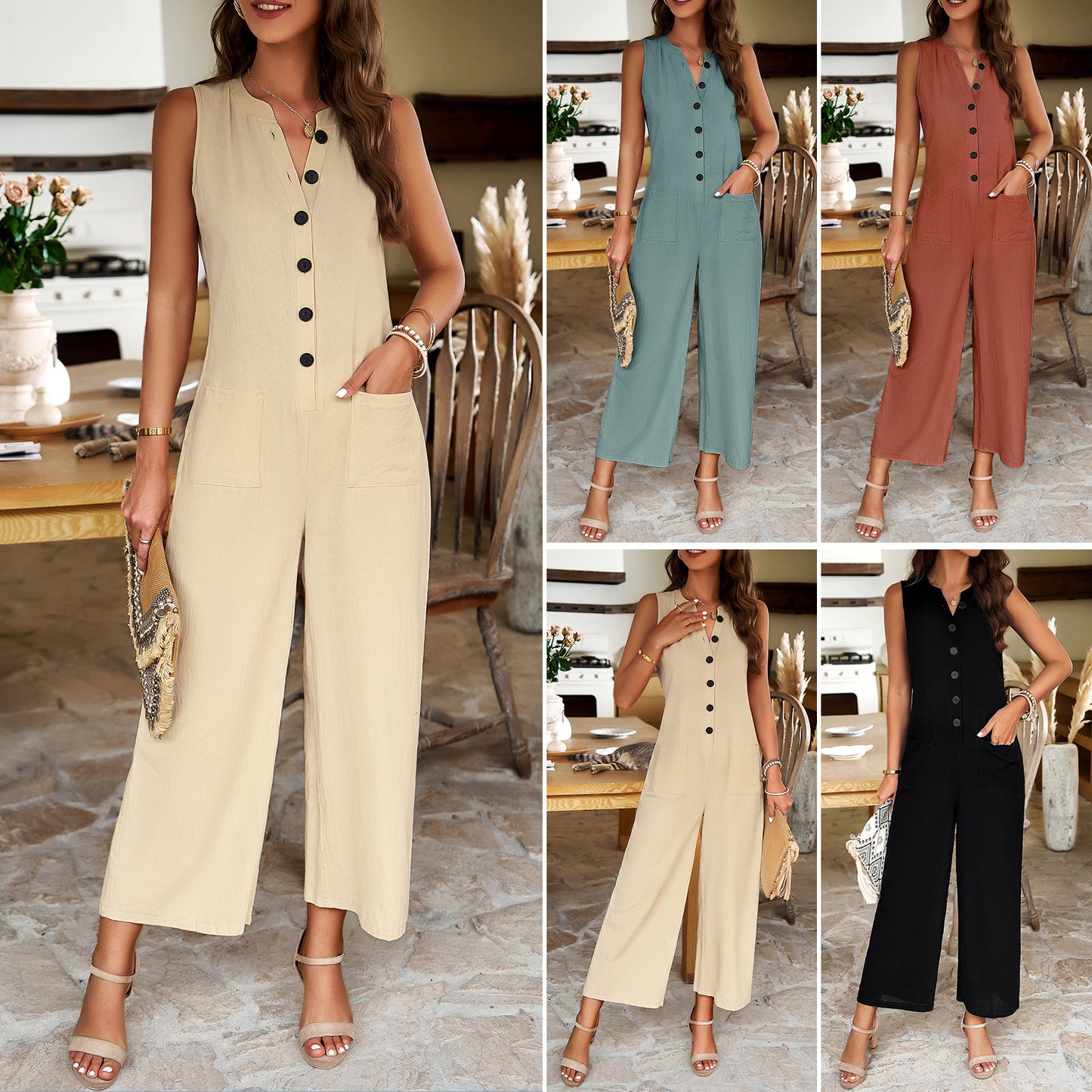 Elegant Button Down Solid Color Jumpsuit