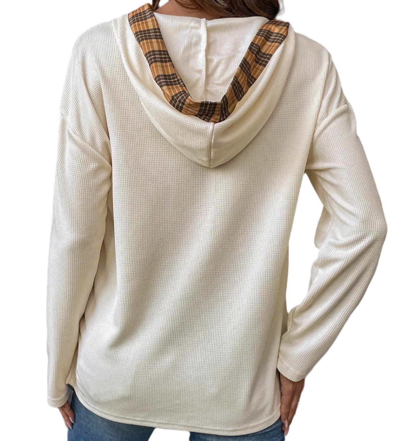 Half Button Stitching Plaid Long Sleeve Hoodie