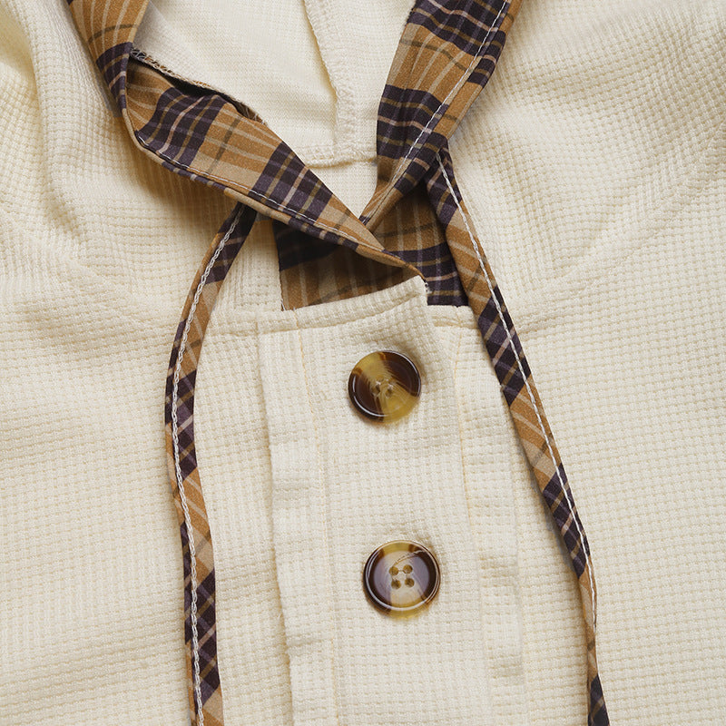 Half Button Stitching Plaid Long Sleeve Hoodie