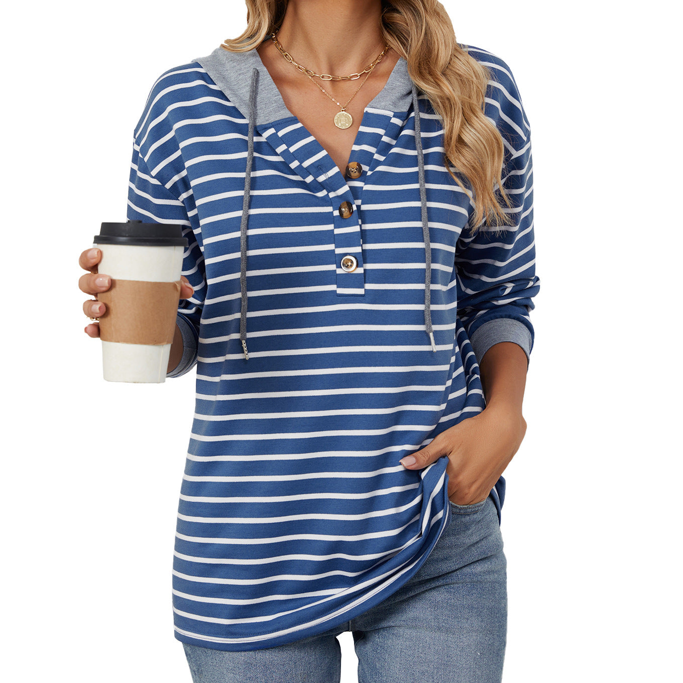 Striped Color Contrast Patchwork Hooded Long Sleeve Sweatshirt