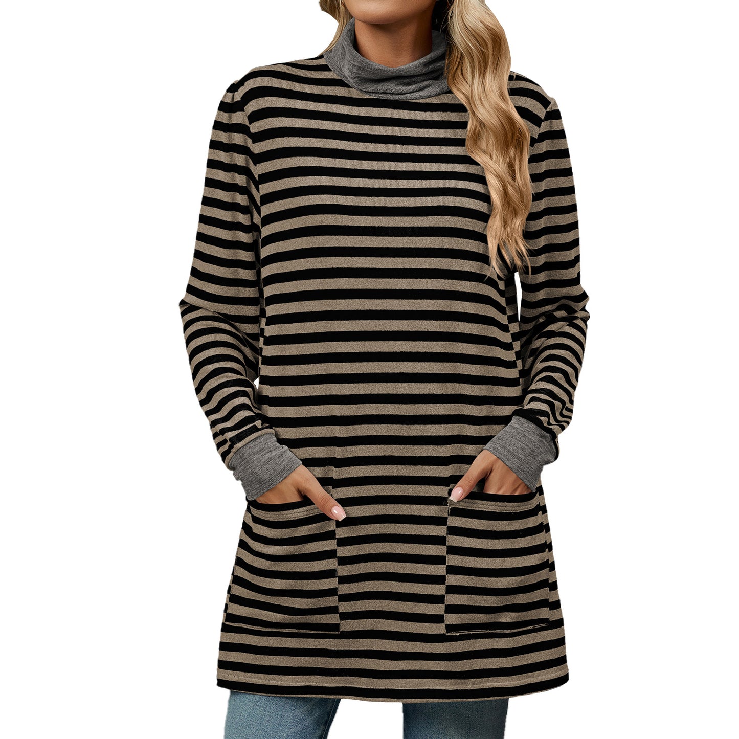 Striped Contrast Color Pockets Turtleneck Long Sleeve Top