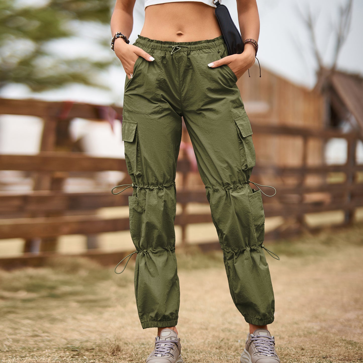 Multi Pocket Ankle Tied Lace Up Adjustable Straight Cargo Pants