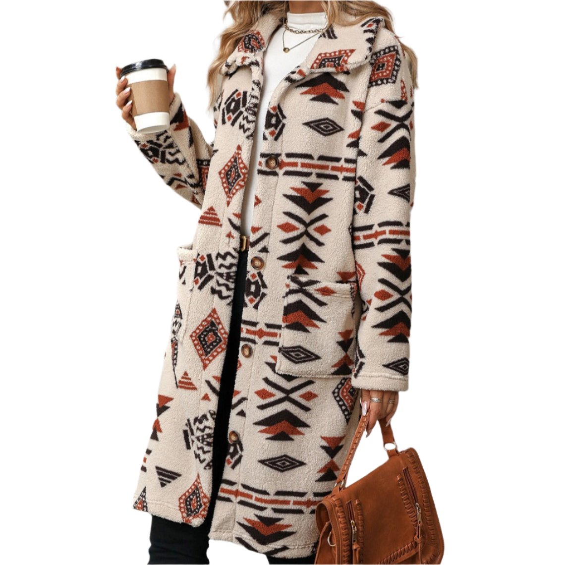 Ethnic Print Plush Long Coat