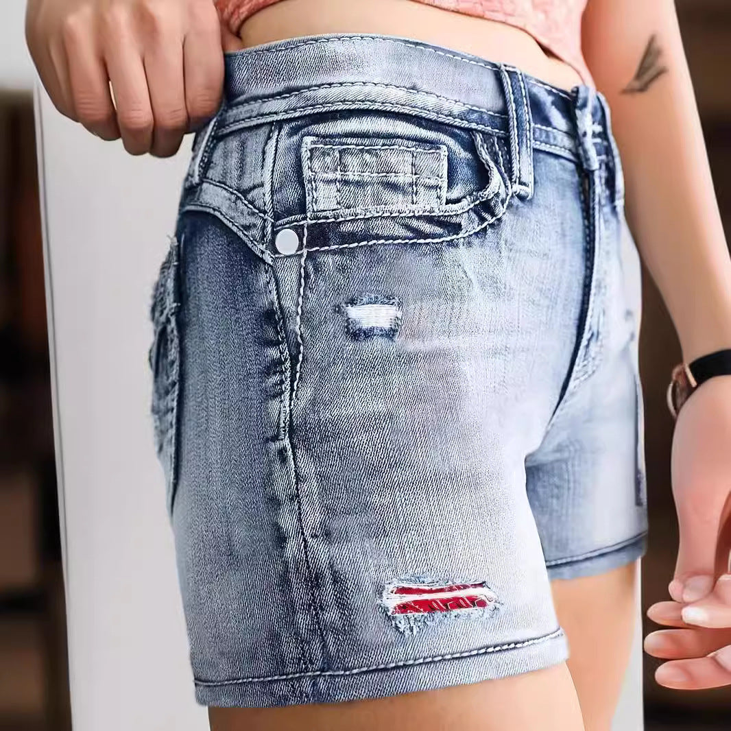 Embroidered Washed Denim Shorts