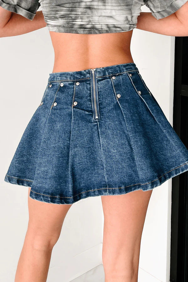 Sexy Rivet Retro A-Line Pleated Denim Skirt