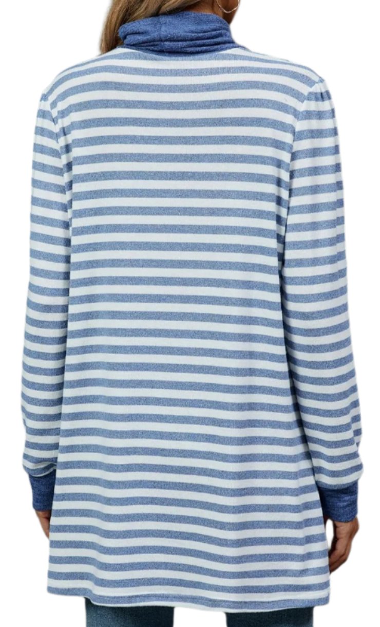 Striped Contrast Color Pockets Turtleneck Long Sleeve Top