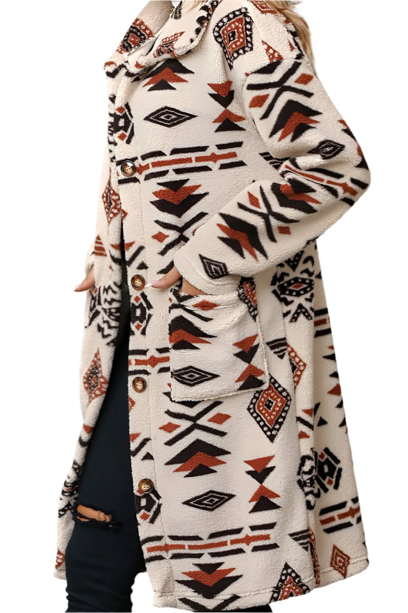 Ethnic Print Plush Long Coat