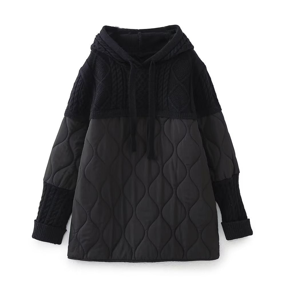 Patchwork Knitting Hoodie Cotton Coat