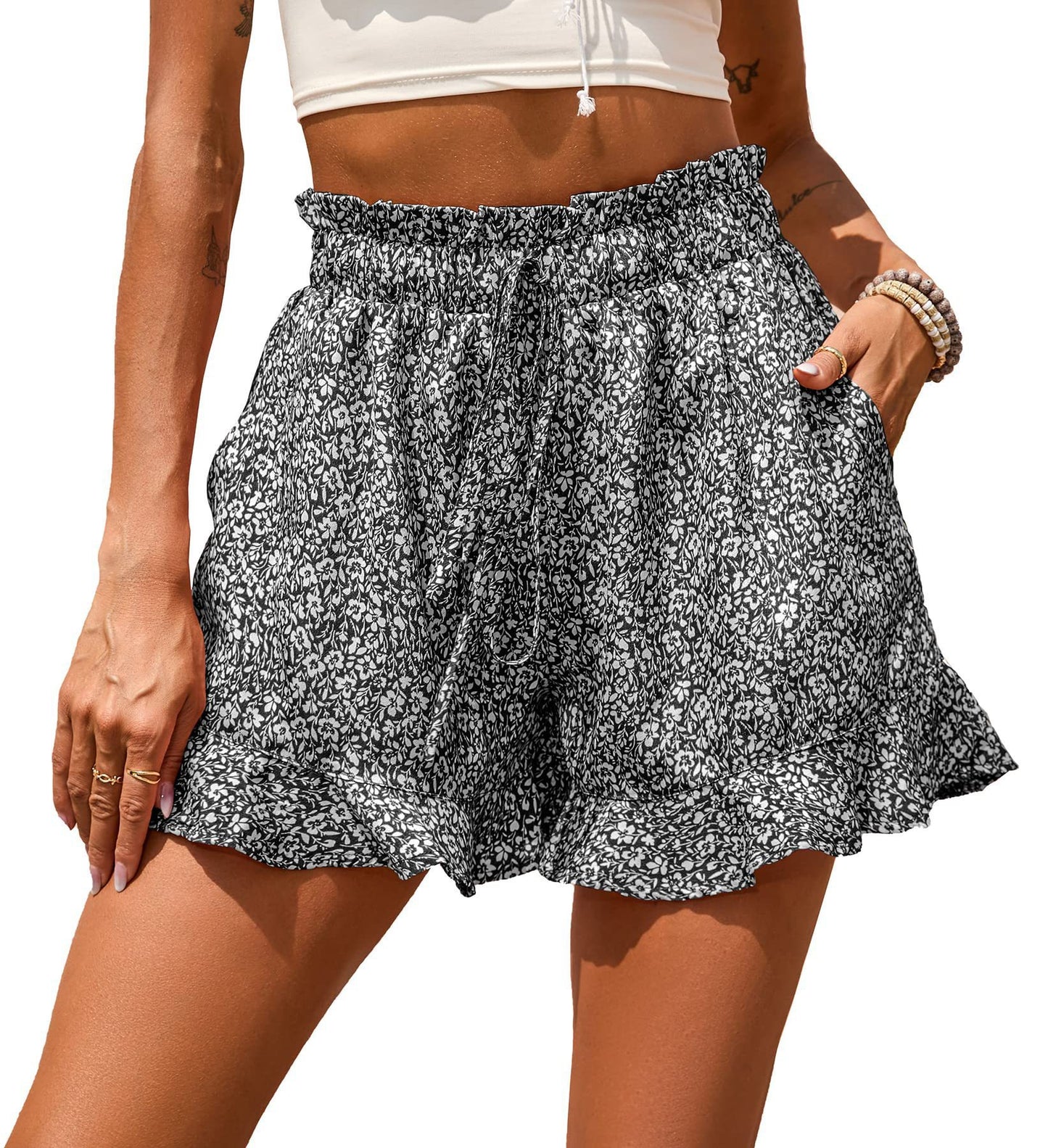Chiffon Print Casual Pocket Nipped Waist Shorts
