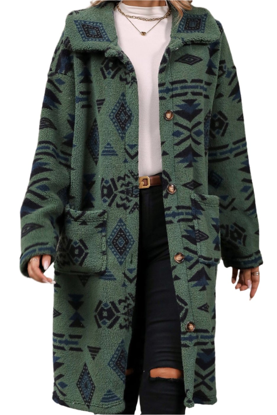 Ethnic Print Plush Long Coat