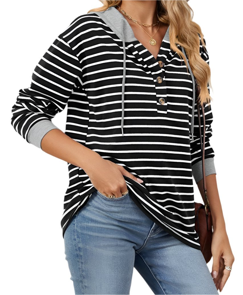 Striped Color Contrast Patchwork Hooded Long Sleeve Sweatshirt