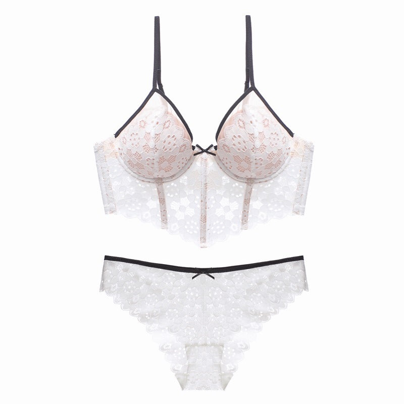 Sexy Thin Cup Braces Push-up Crocheted Lace Long Bra Set