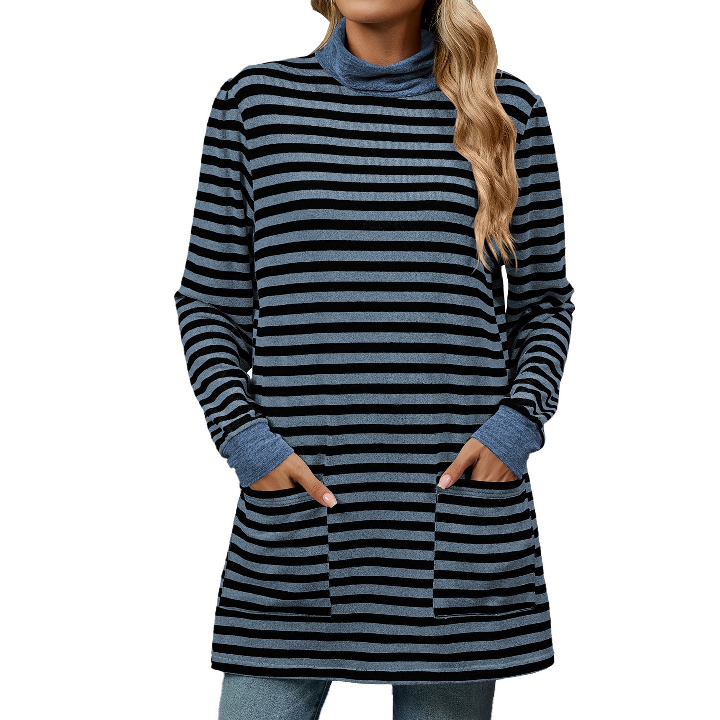 Striped Contrast Color Pockets Turtleneck Long Sleeve Top