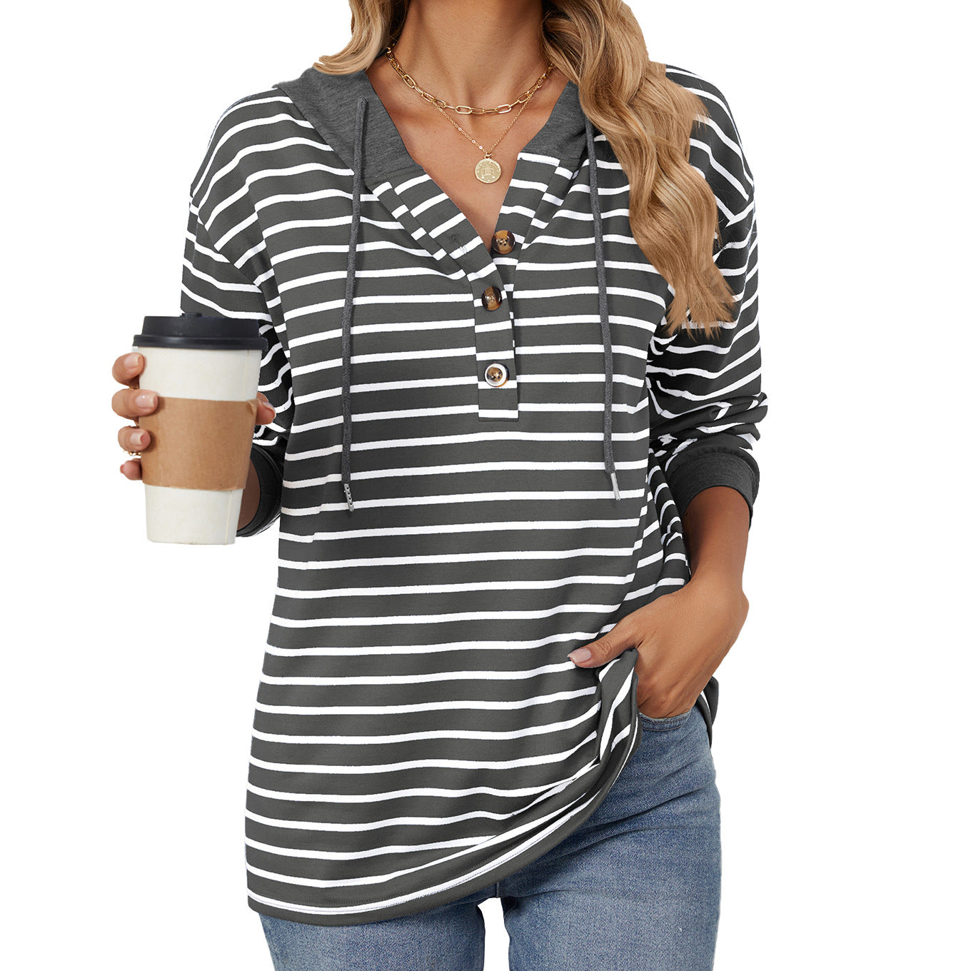 Striped Color Contrast Patchwork Hooded Long Sleeve Sweatshirt