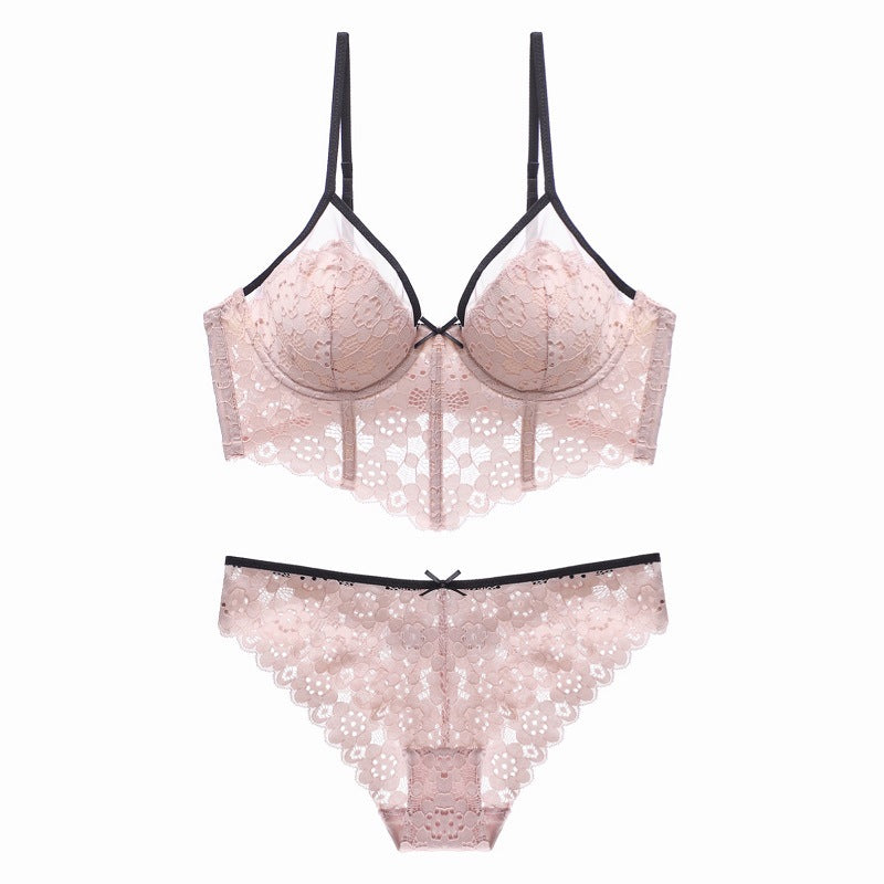 Sexy Thin Cup Braces Push-up Crocheted Lace Long Bra Set