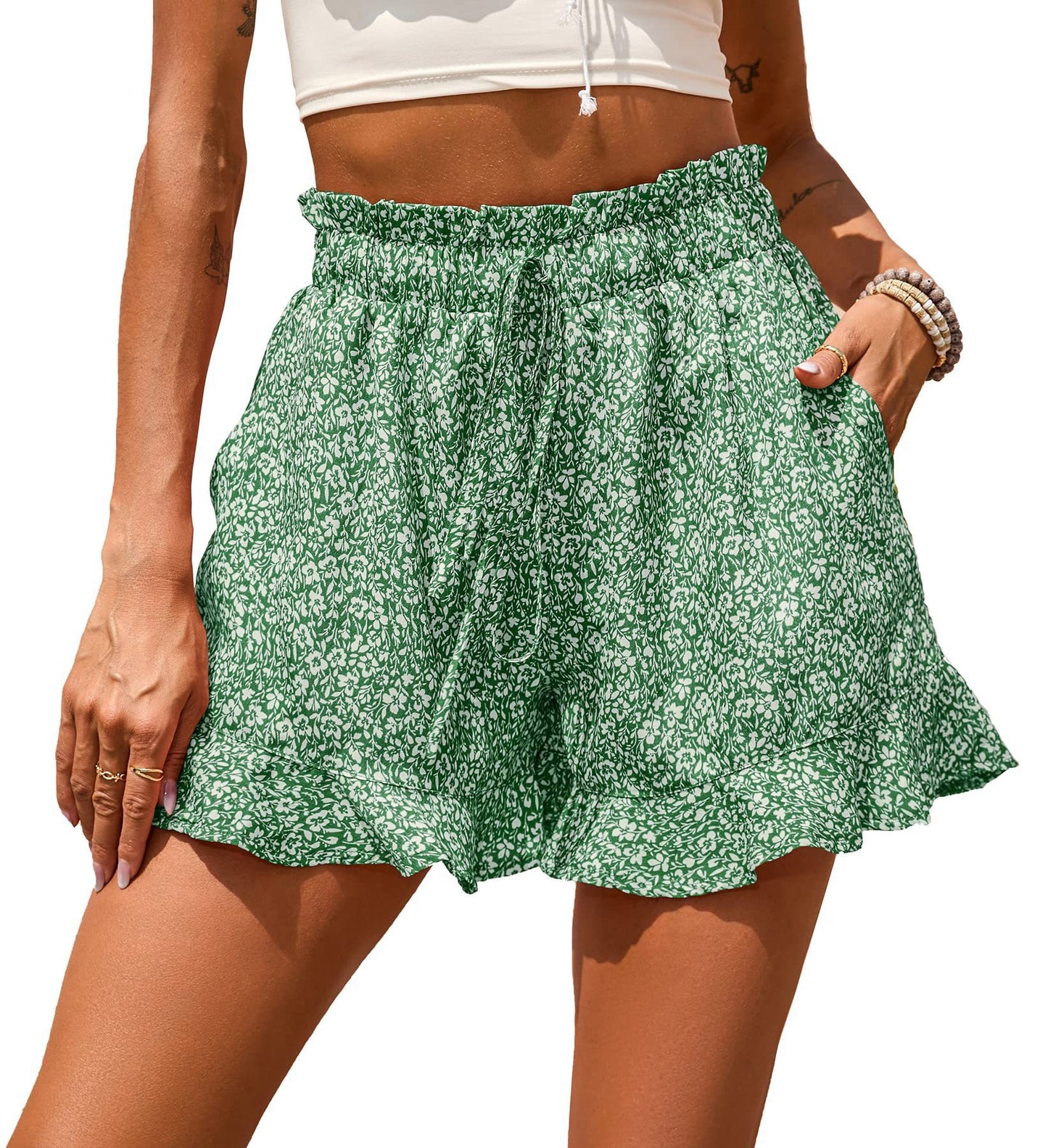 Chiffon Print Casual Pocket Nipped Waist Shorts