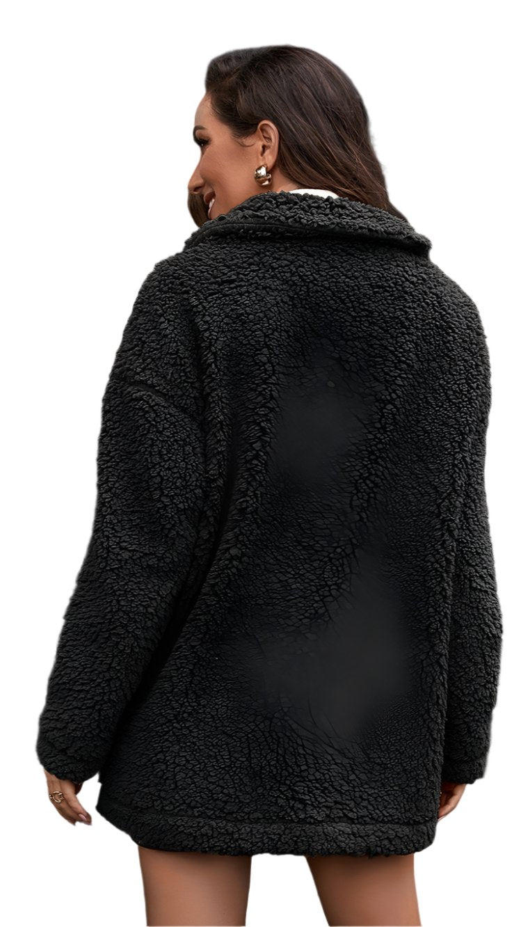 Thick Velvet Zipper Furry Collared Wool Coat