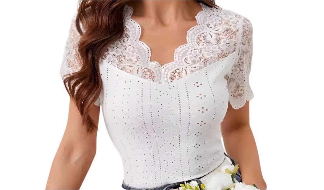 Fan-Shaped Front Back V-neck Lace Stitching Slim Fit Shor Sleeved Top