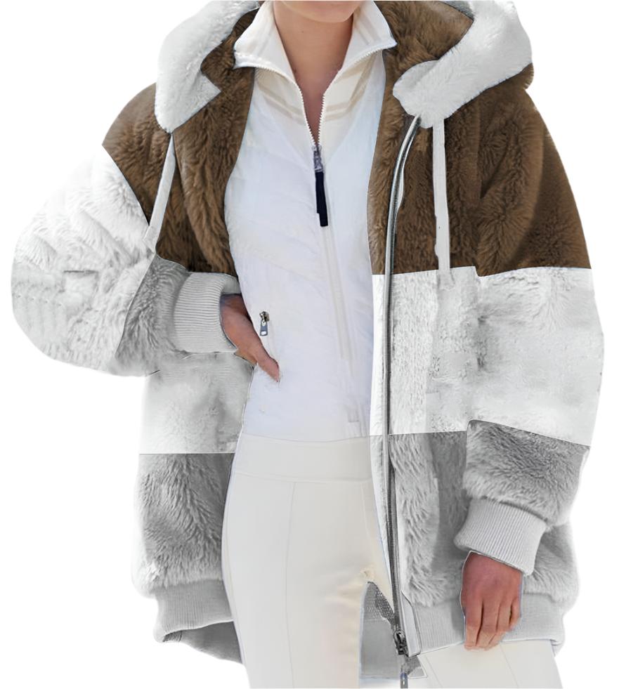 Warm Plush Patchwork Zipper Pocket Hooded Loose Coat