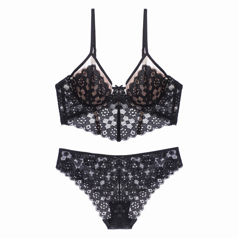 Sexy Thin Cup Braces Push-up Crocheted Lace Long Bra Set
