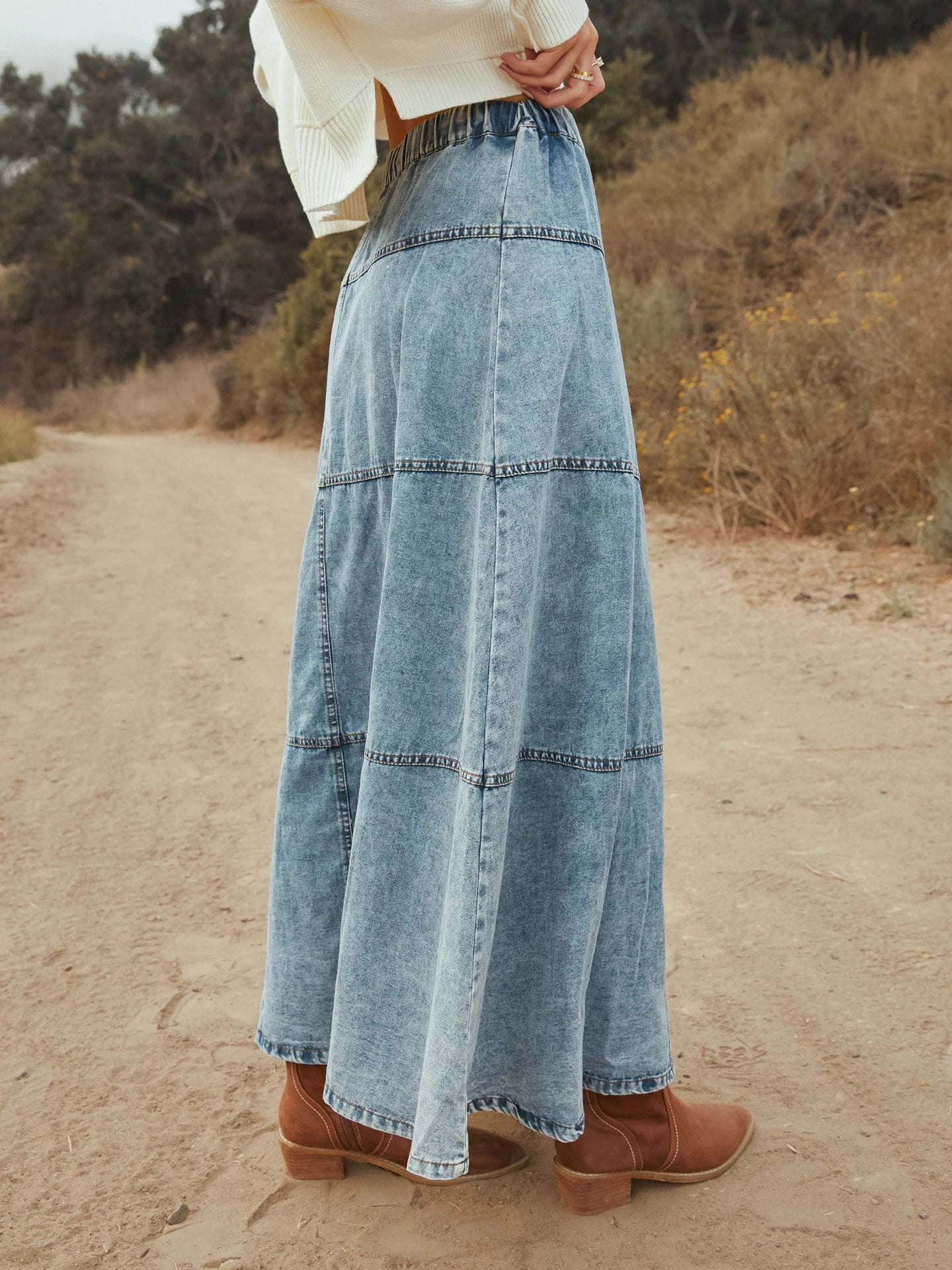 Bohemian A-Line Layered Stitching Denim Skirt