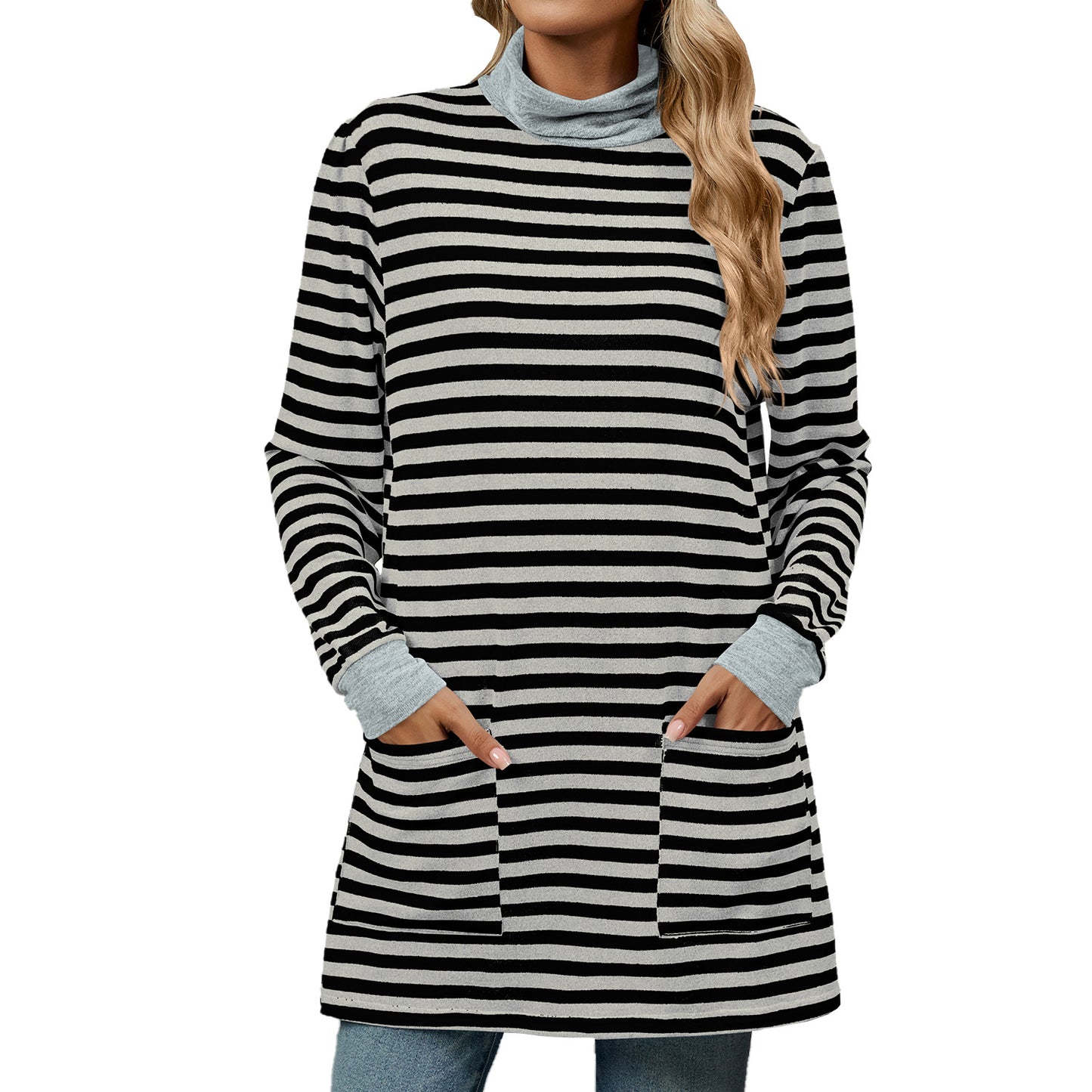 Striped Contrast Color Pockets Turtleneck Long Sleeve Top