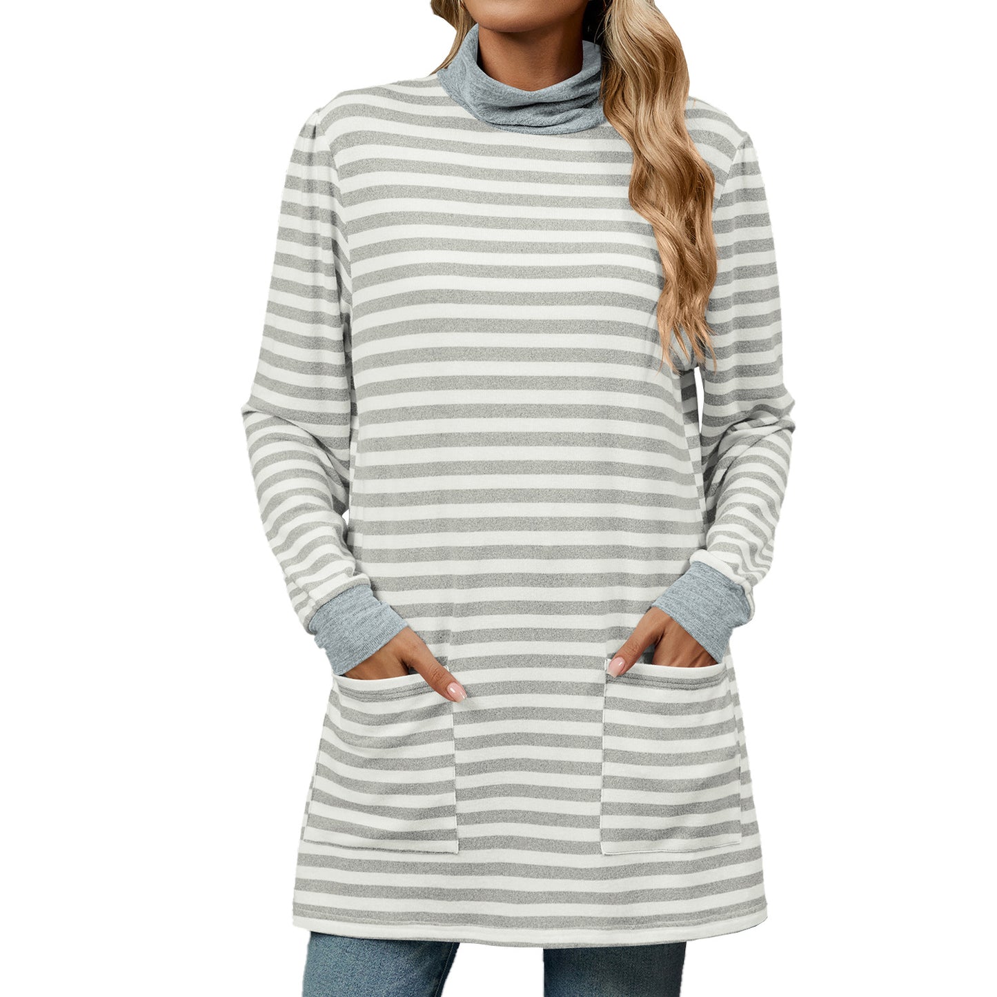 Striped Contrast Color Pockets Turtleneck Long Sleeve Top