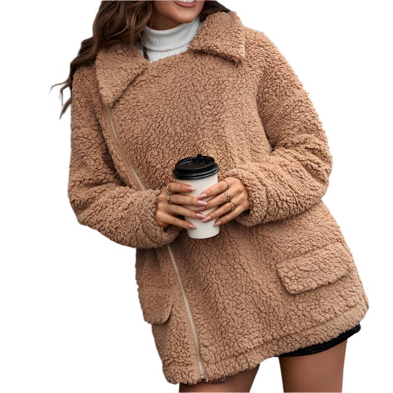 Thick Velvet Zipper Furry Collared Wool Coat