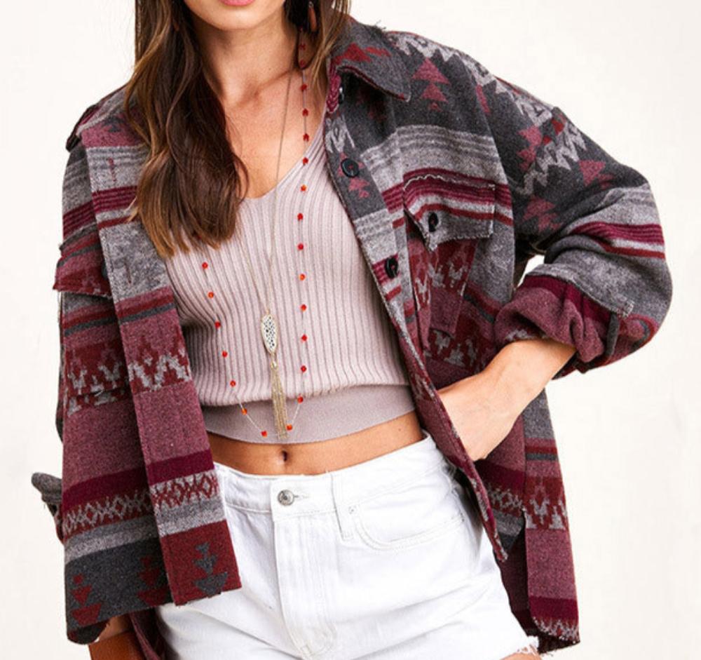 Aztec Retro Ethnic Geometric Abstract Printed Woolen Coat